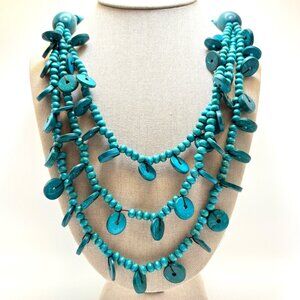 VTG Circle Disc & Round Coconut Wood Dyed Blue Triple Strand Necklace 30" Length